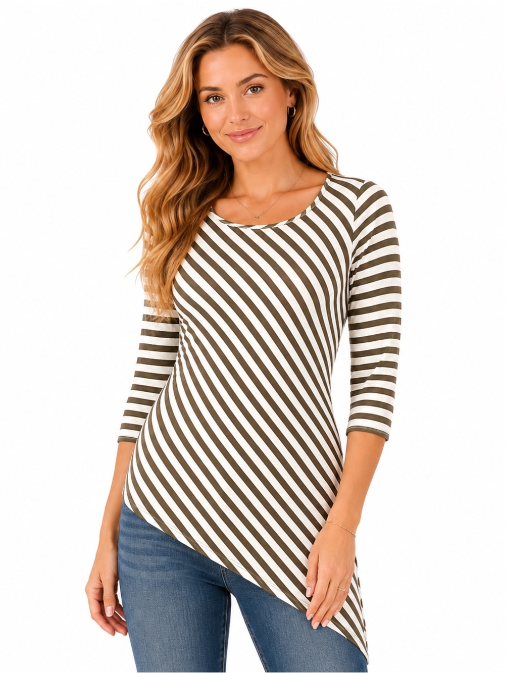 Chicos 0 S Small Top Shirt Brown Striped 3/4 Sleeve Round‎ Neck Stretch